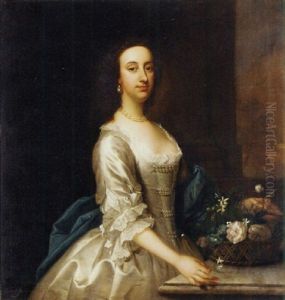Portrait Of A Lady In A White Satin Dress And Blue Shawl, Standing By A Ledge With A Basket Of Flowers