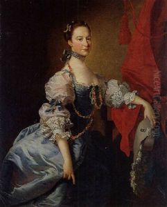 Portrait Of A Lady In A Blue Gown With White Sleeves, Holding A Hat And Standing In An Interior With A Red Curtain Portrait Of A Lady In A Blue Gown With White Sleeves, Holding A Hat And Standing In An Interior With A Red Curtain