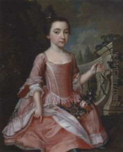 Portrait Of A Child Wearing A Pink Dress By A Balustrade Holding A Swag Of Flowers Portrait Of A Child Wearing A Pink Dress By A Balustrade Holding A Swag Of Flowers