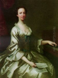 Portrait Of Mrs. Howard Seated At A Piano, Wearing A Silver Silk Dress, Holding A Sheet Of Music by Thomas Hudson