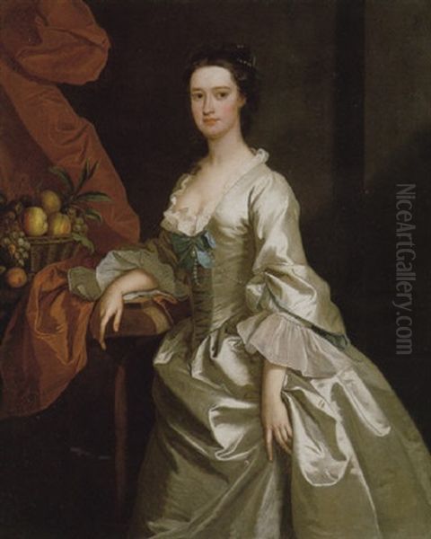 Portrait Of Jane Willes, Lady Sloper, Wearing A White Satin Dress, Her Right Arm Resting On A Ledge - view 1