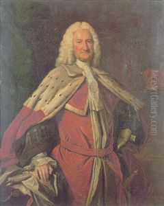 Portrait Of Earl Of Warrington Wearing His Peer's Robes, Standing Beside An Earl's Coronet In An Interior