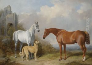 A Grey And A Chestnut Hunter With A Deerhound by William Barraud