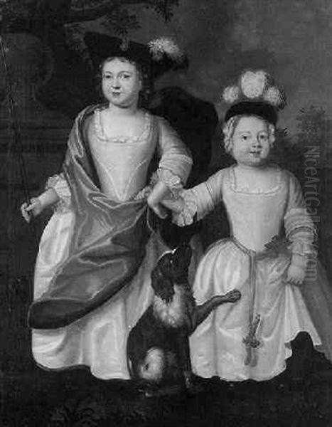 Portrait Of Two Children With A Dog - view 1