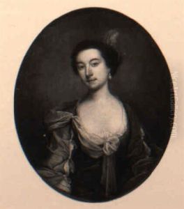 Portrait Of Lady Mary Hume, In A Blue Dress And A Feather In Her Hair by Thomas Hudson