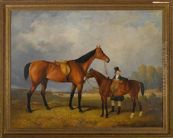 A Groom With His Hack Holding His Master's Horse - view 1