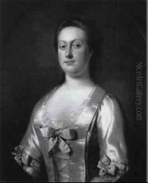 Portrait Of A Lady, Bust Length Wearing A Satin Dress With Green Ribbon And Lace Decoration - view 1