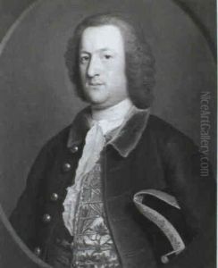 Portrait Of A Gentleman, Half Length, Wearing An Ornately Decorated Waistcoat, Brown Coat And Holding A Tricorn Hat by Thomas Hudson