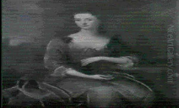 Portrait Of A Lady, Seated Three Quarter Length, In A Blue  Dress, Holding A Book In A Landscape - view 1