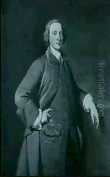 Portrait Of A Gentleman, Standing Three-quarter Length, In A Grey Coat With A Scarlet Waistcoat With Gold Embroidery - view 1