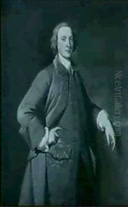 Portrait Of A Gentleman, Standing Three-quarter Length, In A Grey Coat With A Scarlet Waistcoat With Gold Embroidery by Thomas Hudson