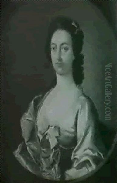 Portrait Of A Lady, Half Length, Wearing A White Dress With Blue Ribbons And Pearls - view 1
