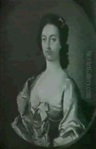 Portrait Of A Lady, Half Length, Wearing A White Dress With Blue Ribbons And Pearls by Thomas Hudson