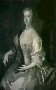 Portratt Av Mrs. Harris Kladd I Vit Klanning Med Bla Mantel by Thomas Hudson