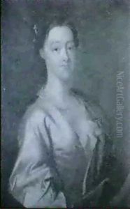 Portrait Of Grace Smythe, Half-length, Wearing A Cream Silk Dress And Blue Shawl by Thomas Hudson