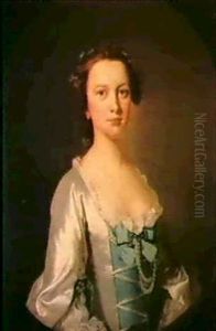 Portrait Of Mrs Mary Oborne Nee Laughton, Half Length,      Wearing A White Silk Dress With Blue Bodice & Pearls...