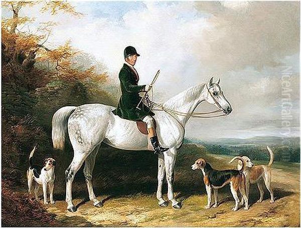 William Long, Huntsman To The Beaufort, On His Grey Hunter Bertha With Three Hounds - view 1