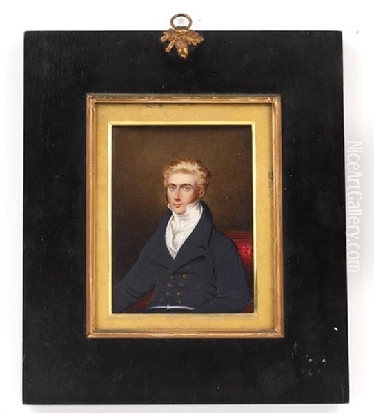 A Pair Of Portrait Miniatures Of A Husband And Wife; The Former, Seated On A Red Upholstered Chair, Wearing Navy Double-breasted Coat, White And Blue Spotted Waistcoat, White Chemise (pair) - view 1