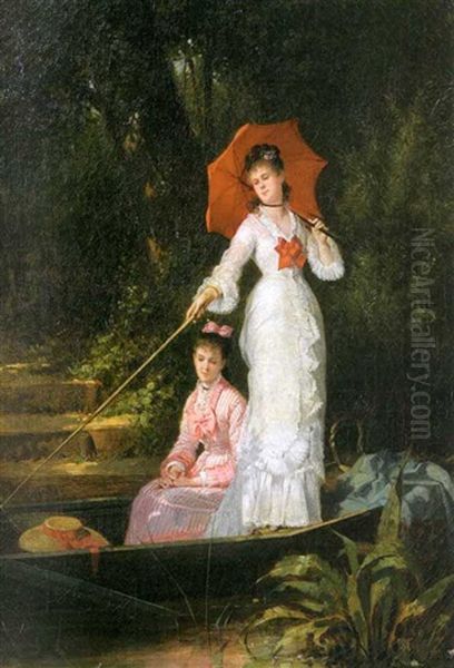 Two Elegantly Dressed Women In A Skiff, Fishing - view 1