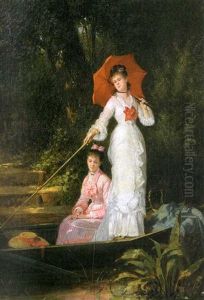 Two Elegantly Dressed Women In A Skiff, Fishing by Charles Desire Hue