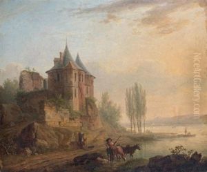 Paysage A La Riviere Surmontee D'un Chateau Avec Un Patre Et Ses Betes by Jean Francois Hue