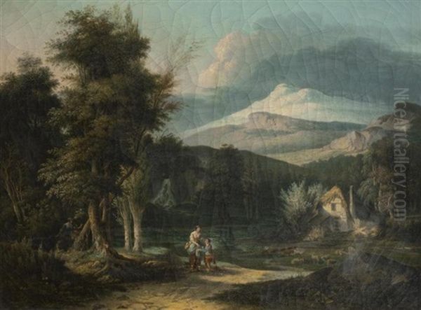 Paysage De Foret Avec Une Bergere Et Son Enfant - view 1