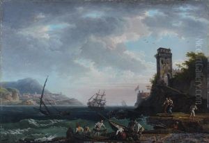 Pecheurs Ramassant Leurs Filets Dans Un Port by Jean Francois Hue