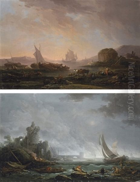 A Coastal Landscape With Ruins, With Fishing Boats In Choppy Waters (+ Fishing Boats In Calm Waters; Pair) - view 1