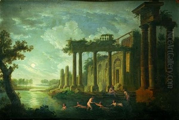 Baigneuses Pres D'un Lac Au Bord Des Ruines D'un Temple Antique Au Clair De Lune - view 1