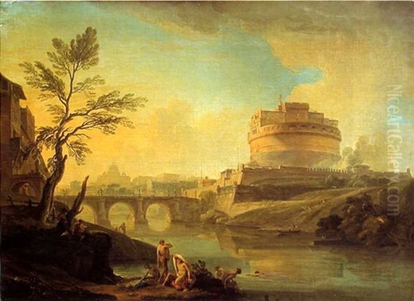 Baigneurs Dans Le Tibre Devant Le Chateau Saint Ange A Rome - view 1
