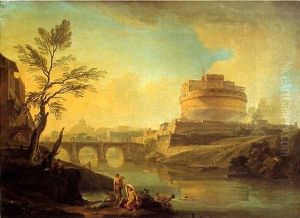 Baigneurs Dans Le Tibre Devant Le Chateau Saint Ange A Rome