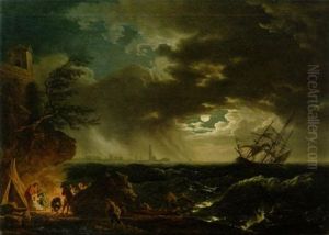A Shipwreck In Stormy Seas With Survivors At A Campfire On A Rocky Coastline In The Foreground, A Lighthouse In The Distance by Jean Francois Hue