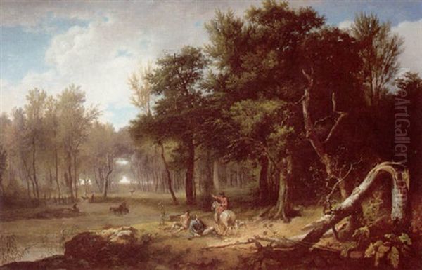 Wooded Landscape With Huntsmen Resting In A Glade Beside A Pond - view 1