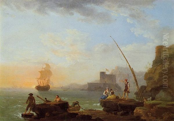 Fishermen And Other Figures Along A Shoreline With A Sailboat In The Distance - view 1