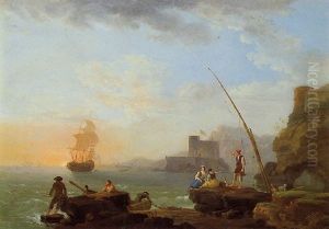 Fishermen And Other Figures Along A Shoreline With A Sailboat In The Distance