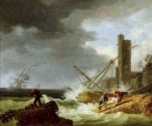 Schiffbruch Bei Sturmischer See Vor Einem Kastell Morgen Schiffbruch Bei Sturmischer See Vor Einem Kastell Morgen