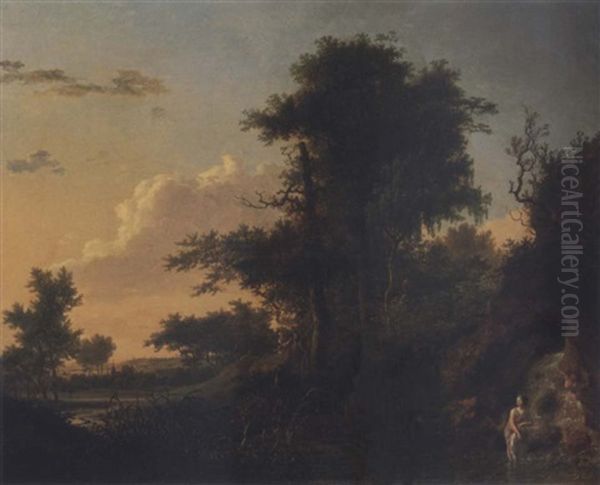 Extensive Landscape With A Woman Bathing Near A Waterfall And Figures Watching From Afar - view 1