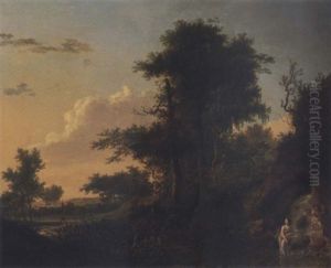 Extensive Landscape With A Woman Bathing Near A Waterfall And Figures Watching From Afar by Jean Francois Hue