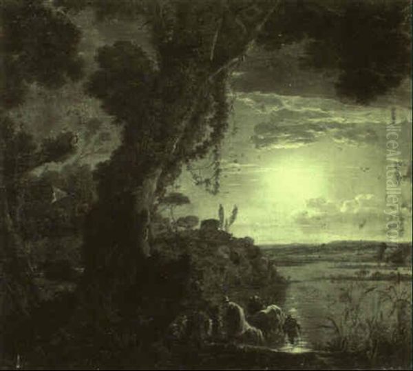 Travellers With Cattle Approaching A River Bed In A Moonlit Landscape - view 1