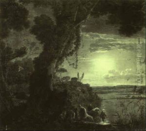 Travellers With Cattle Approaching A River Bed In A Moonlit Landscape by Jean Francois Hue