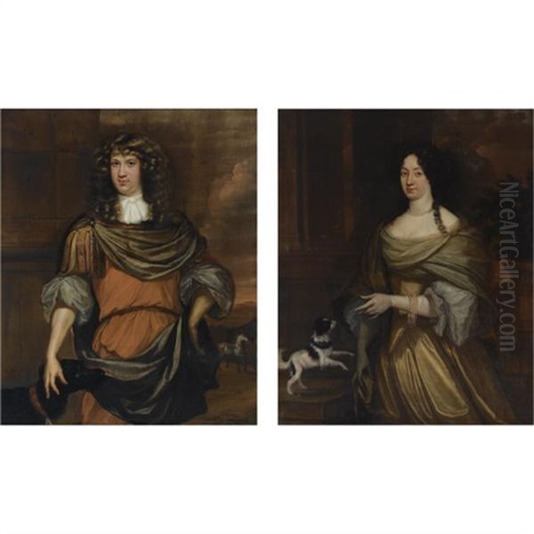 Portrait Of A Gentleman, Wearing Roman Attire, Together With A Black Dog (+ Portrait Of His Wife, Wearing A Yellow And White Satin Dress; Pair) - view 1