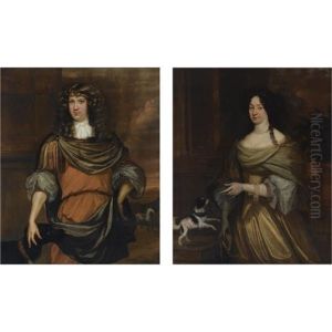 Portrait Of A Gentleman, Wearing Roman Attire, Together With A Black Dog (+ Portrait Of His Wife, Wearing A Yellow And White Satin Dress; Pair) by Lambertus Jansz De Hue