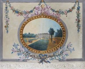 Un Chateau Dans Un Ovale Peint Entoure D'une Guirlande De Fleurs by Christophe Huet