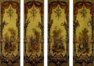 Singeries: Scene Galantes Dans Des Parcs, Entourees De Guirlandes (set Of 4)