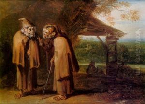 Two Monkeys Dressed As Pilgrims Conversing In A Landscape