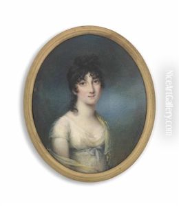 A Young Lady, In White Dress With Blue Sash Around Waist, Yellow Shawl Around Her Shoulders; Stormy Sky Background
