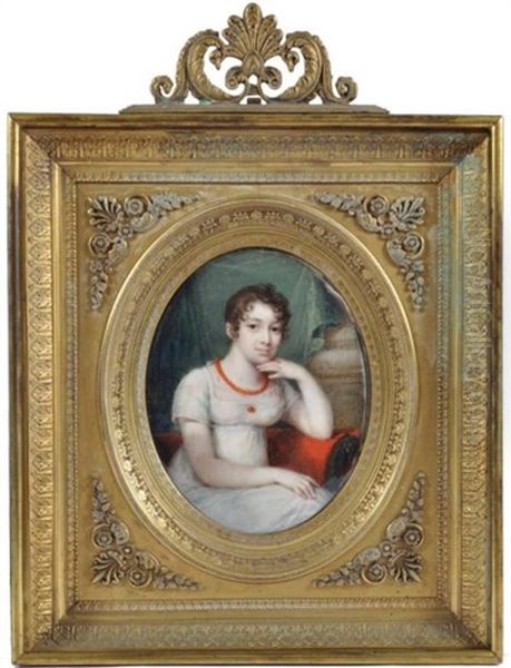 Portrait De Femme En Robe Blanche, Assise Dans Un Fauteuil Devant Un Rideau Vert Clair Et Une Colonne - view 1