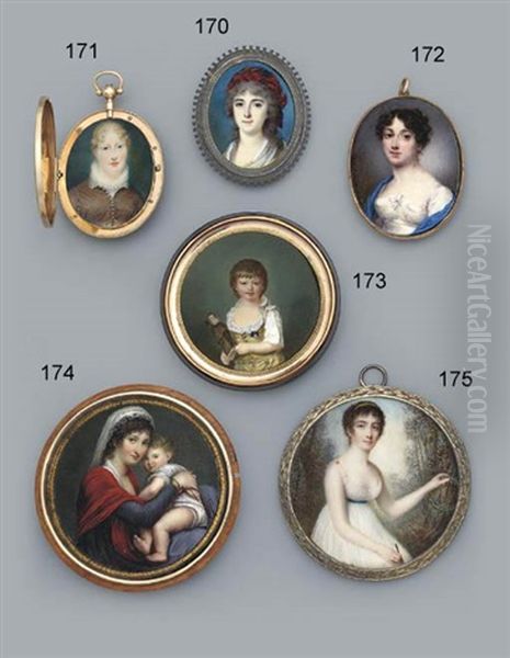 A Young Lady In White Silk Dress With Bow At Corsage, Blue Stole Draped Over Her Shoulders, Gold Comb In Her Dark Curling Upswept Hair - view 1