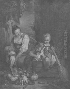 Mutter Mit Spielenden Kinder Vor Einem Bauernhaus by Francois Huet
