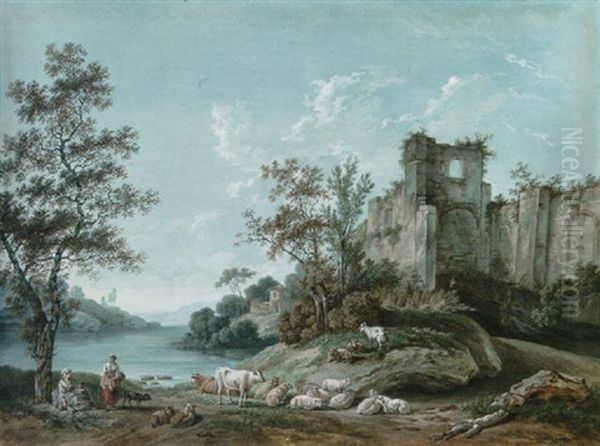 An Extensive River Landscape With The Ruins Of An Abbey, Shepherds In The Foreground - view 1